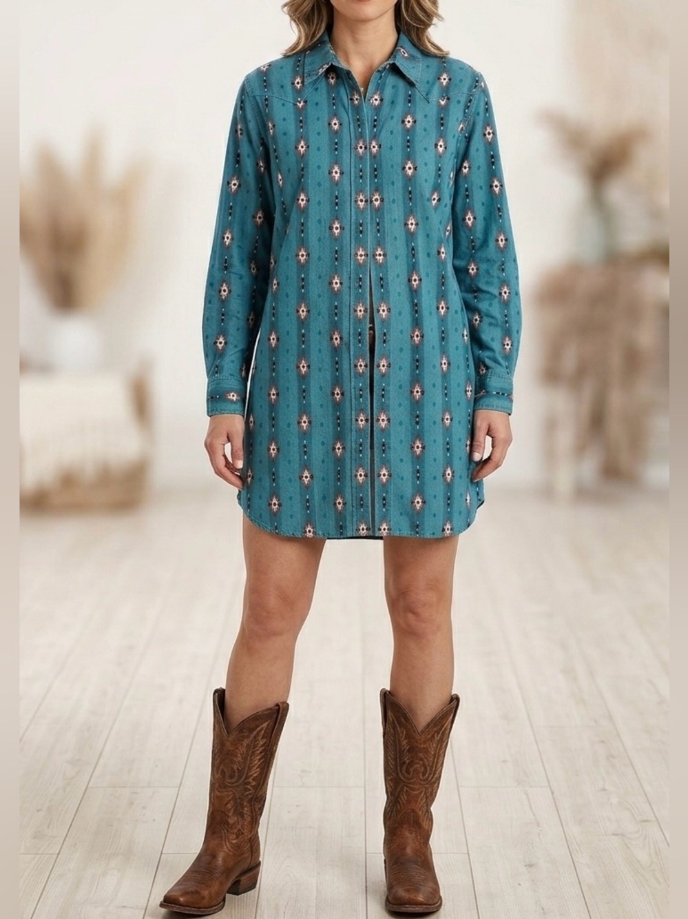 Wrangler NWT Retro Checotah Cotton Western Shirt Dress Teal Southwestern Size L